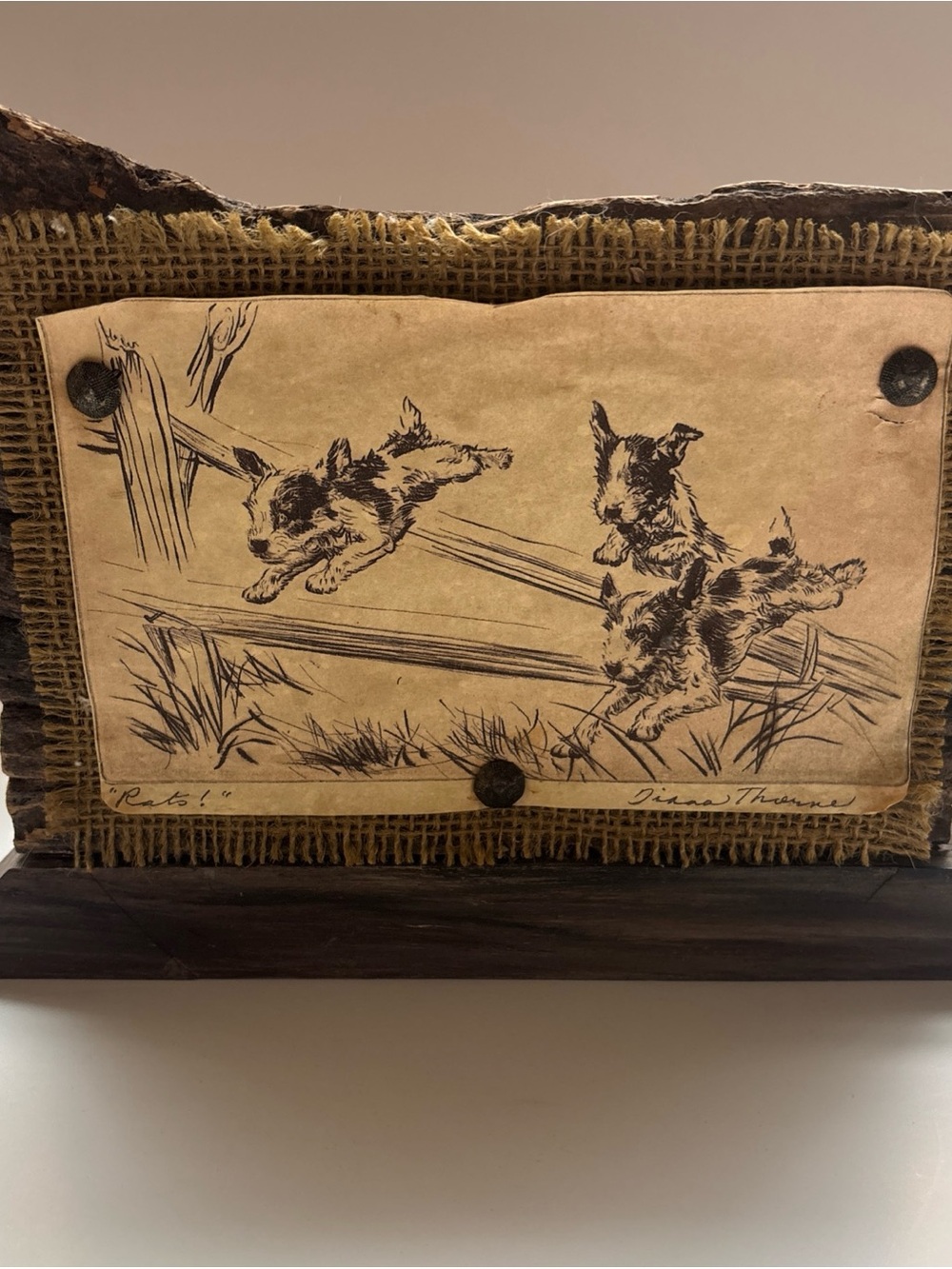 Diane Thorne “Rats” Distressed Art - wood stand burlap